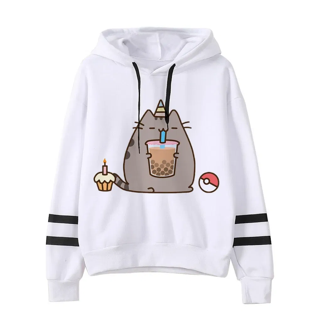 Color: Beige, Size: M - Women Ullzang Cute Cat Funny Cartoon Sweatshirt Pusheen Cat Kawaii Harajuku Korean Style Hoodies Graphic Fashion Hoody Female
