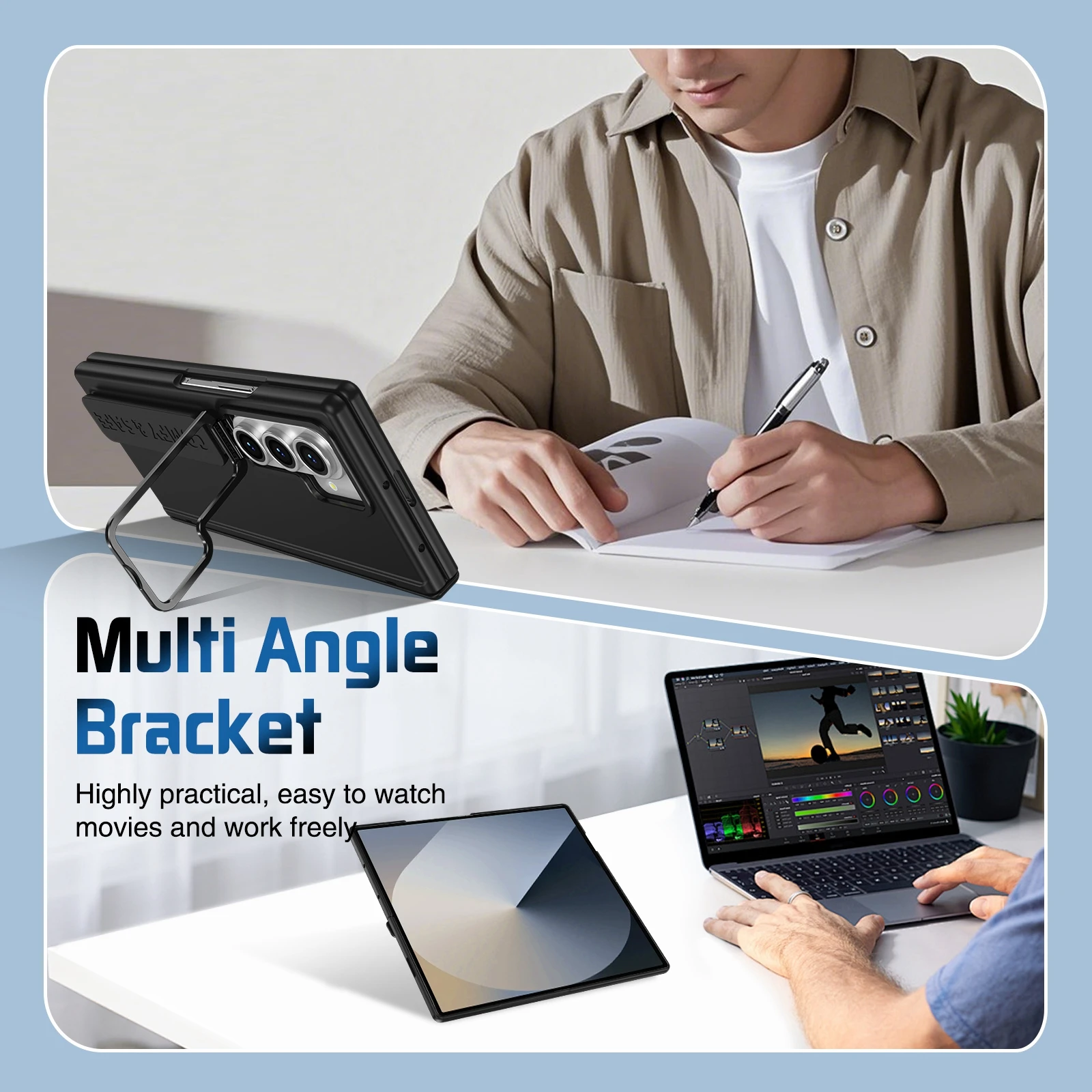 Color: black, Material: aluminum - For Samsung Galaxy Z Fold 7 6 5 4 3 Wristband Hinge Lens Holder Phone Case Outer Screen Glass Film Protection Shockproof Cover