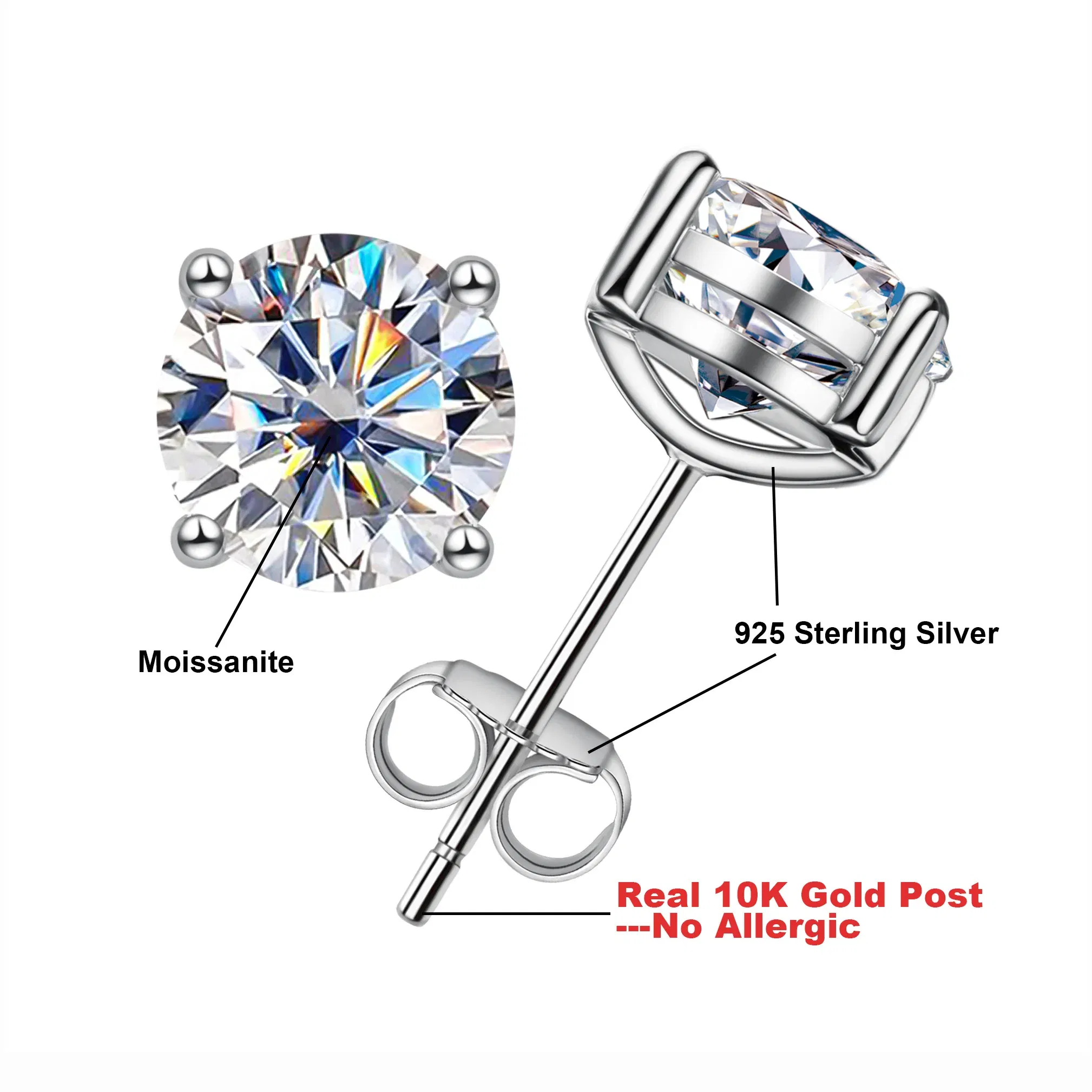 Gem Color: Champagne, Ships From: CHINA - AnuJewel 10k Gold 4/3/2/1.6/1/0.6ct Moissanite Stud Earrings For Women Real 10K Gold Post Anti-allergy Men Earrings Jewelry