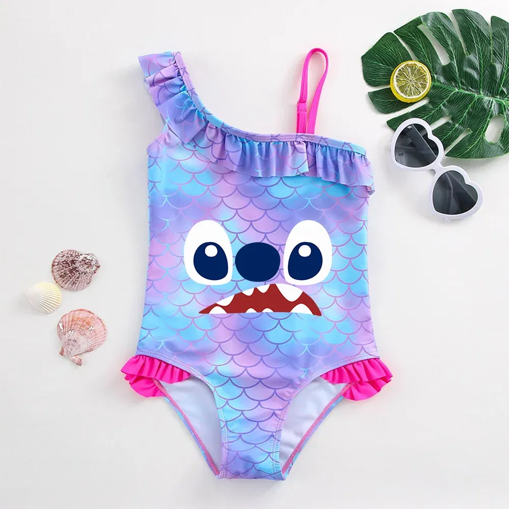 Color: SKY BLUE, Size: M - Stitch Girls Swimsuit Fashion Mermaid Fish Scale One-Piece Bathing Suits Children's Dresses Summer Swimwear Beach Suit Kids Wear