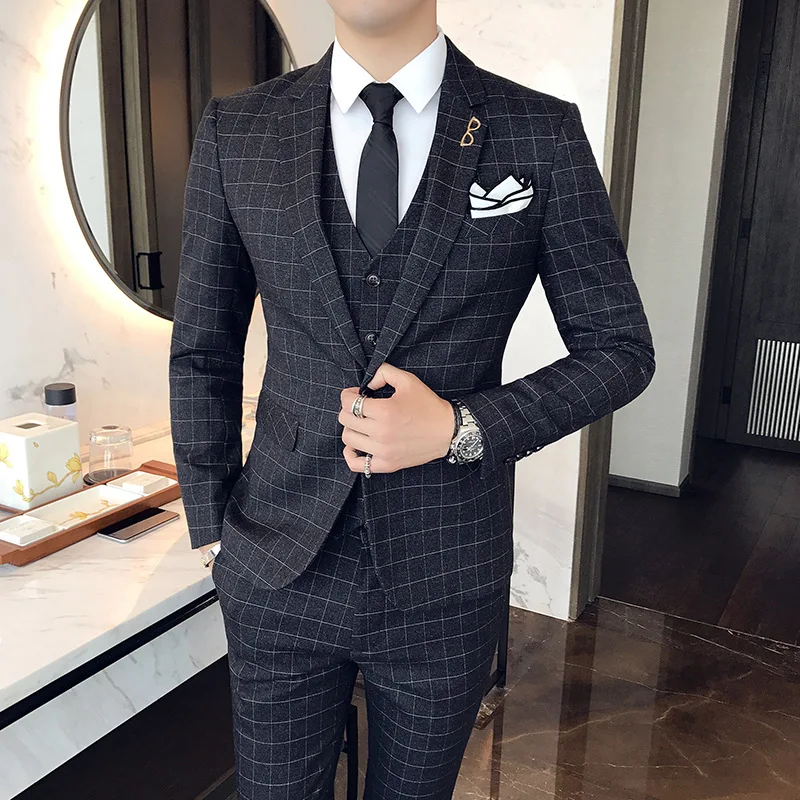 Color: Silver, Size: XXXL - Gray Men Classic Striped/Checked Suits, Business Office 3 Piece, Asian Size Slim Fit Men Dress Jacket & Pants with Vest, S-4XL