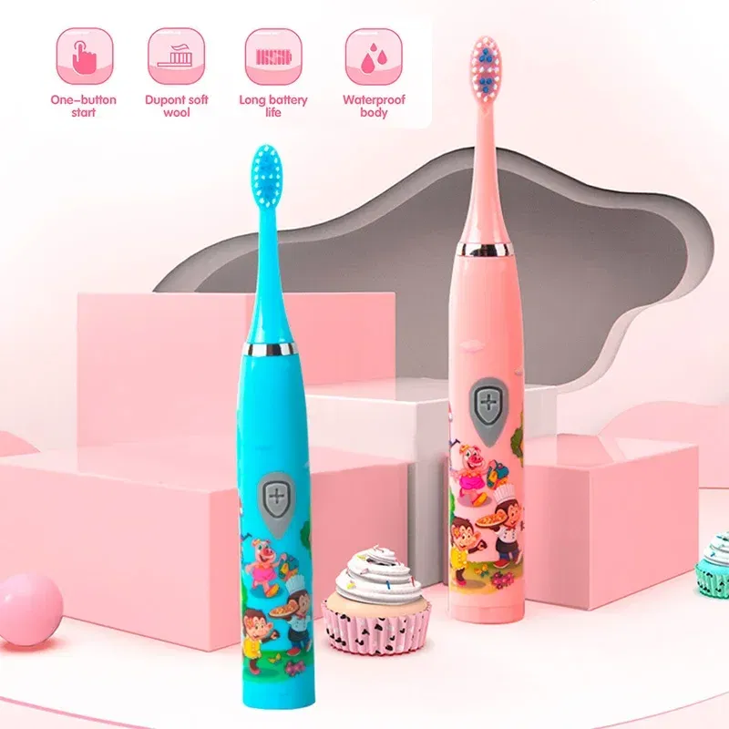Color: Light Yellow - Sonic Children Electric Toothbrush Colorful Cartoon Cute Pattern Ultrasonic Rechargeable Soft Hair Smart Brush Oral Cleaning