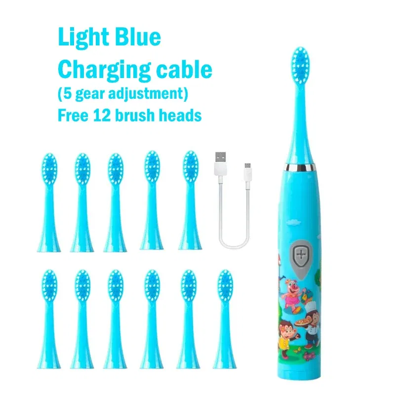 Color: Light Yellow - Sonic Children Electric Toothbrush Colorful Cartoon Cute Pattern Ultrasonic Rechargeable Soft Hair Smart Brush Oral Cleaning