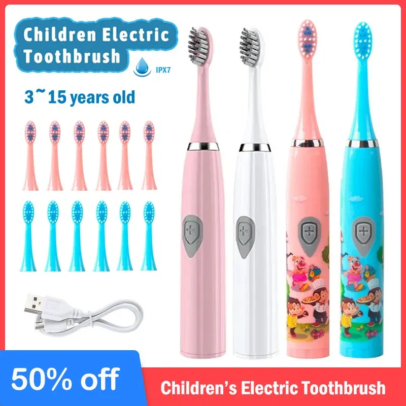 Color: Light Yellow - Sonic Children Electric Toothbrush Colorful Cartoon Cute Pattern Ultrasonic Rechargeable Soft Hair Smart Brush Oral Cleaning