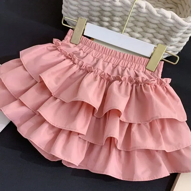 Color: Beige, Kid Size: 6 - Children Girls Pleated Cake Skirts Summer 2025 Elastic Waist Infant Babys Girls Bubble Skirts Toddler Kids Girls Princess Skirts