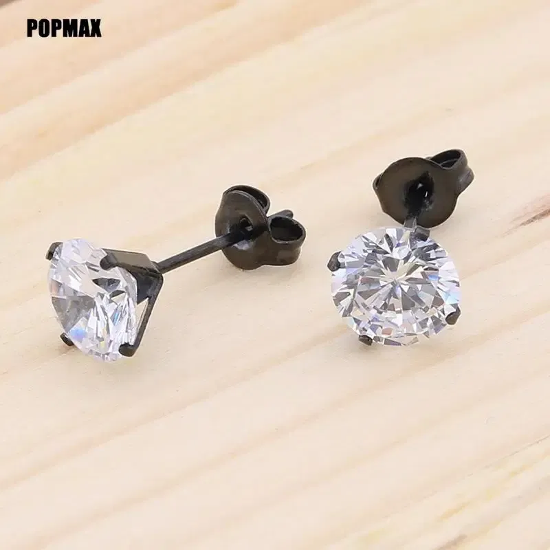 Metal Color: SILVER PLATED, Main Stone Color: Black - POPMAX 1Pairs/2Pcs Stainless Steel Crystal Studs Earrings For Women Men 4 Prong Tragus Round Clear Cubic Zirconia Ear Jewelry