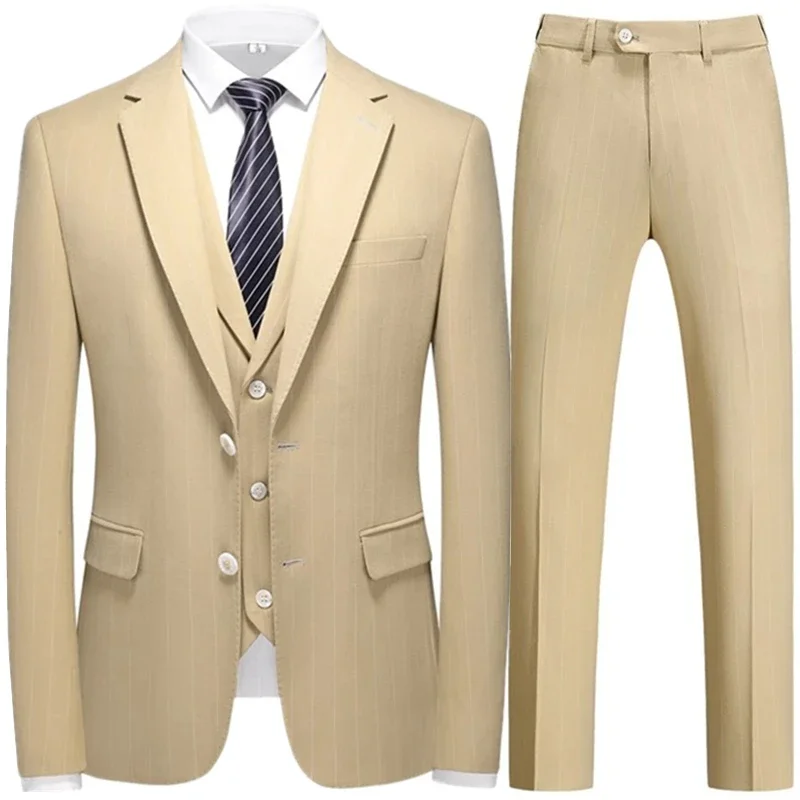 Color: Champagne, Size: XL - 3 Pcs Fashion New Men Leisure Boutique Business Plaid Striped Suit Vest Pants Set Casual Dress Blazers Jacket Coat Trosers