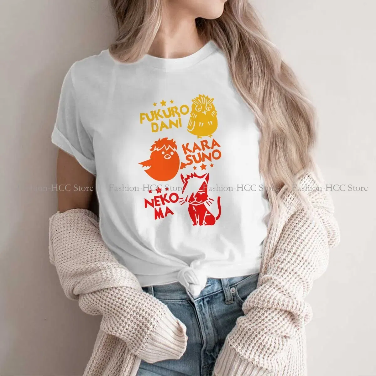 Color: WHITE, Size: L - Best Team O Neck Polyester TShirt Haikyuu Cartoon Anime Classic T Shirt Women Tops