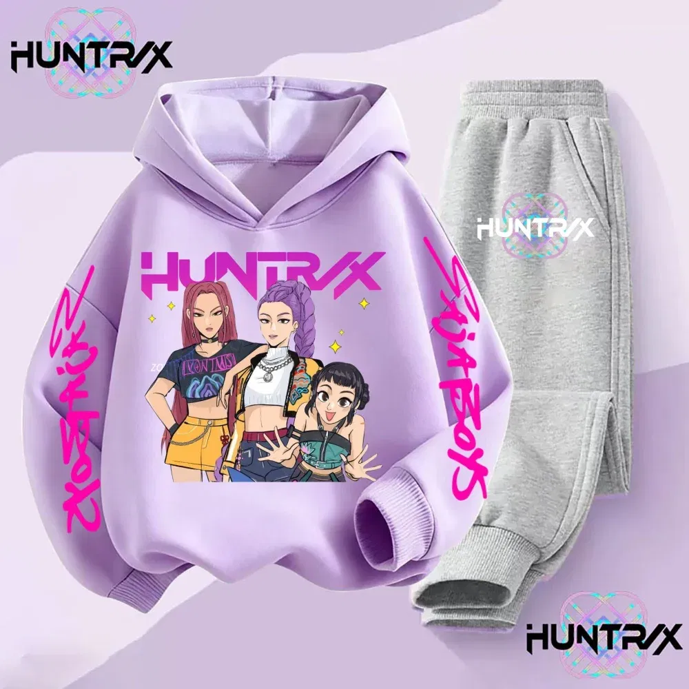 Color: Pink, Kid Size: 4T - 3-14Y Kpop Demon Hunters Hoodie Set Boys Girls Kids Autumn Sportswear Daily Clothes 2025