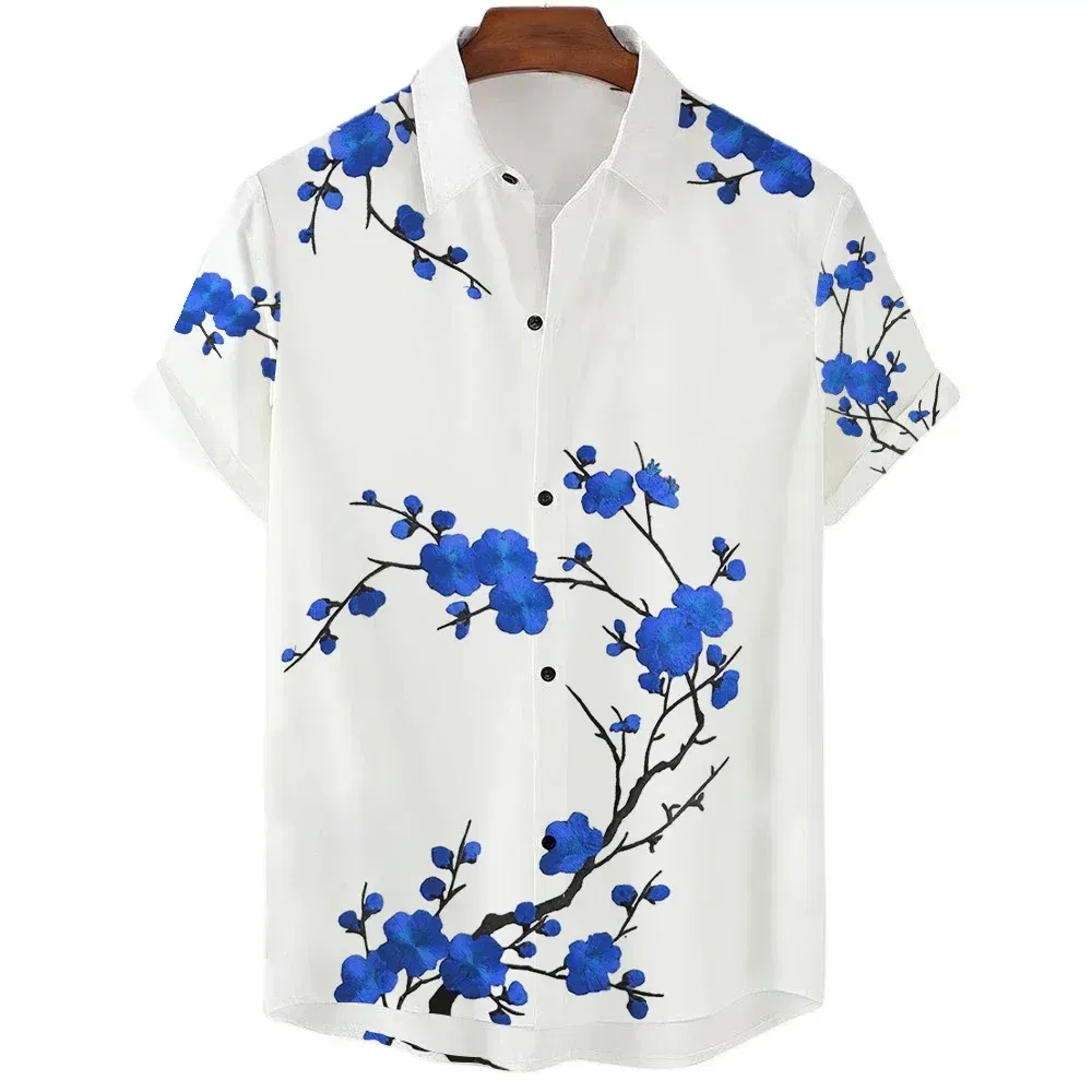 Color: Yellow, Size: XXXL - Fashionable Luxury Social men's Shirt Lapel button-down Shirt Casual Japanese Aesthetic Cherry Blossom Print short-sleeved Tops