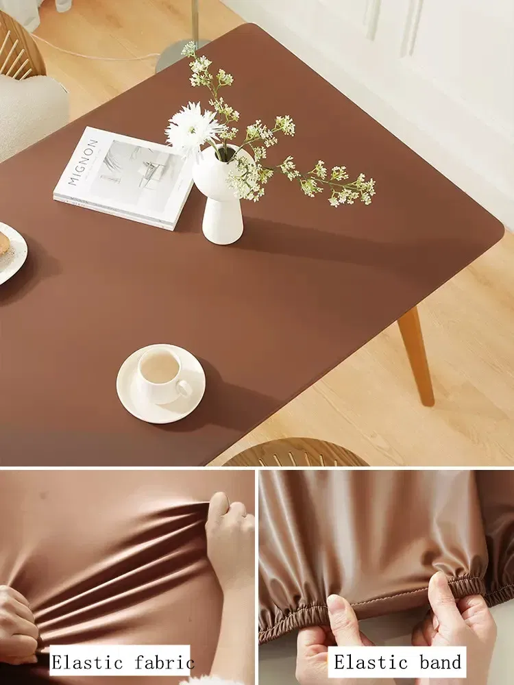 Color: Burgundy, Specification: 70*120cm - Solid color PU leather table cover fixable elastic tablecloth waterproof round square Table cloth custom table protector
