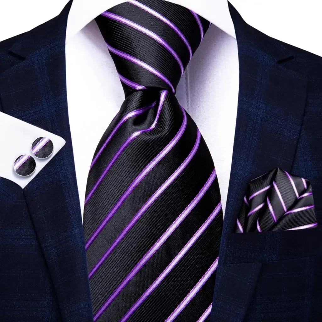 Color: Fuchsia - Hi-Tie Purple Paisley Silk Elegent Tie for Men Novelty Design Handky cufflink Tie Set Party Business Wedding Dropshipping