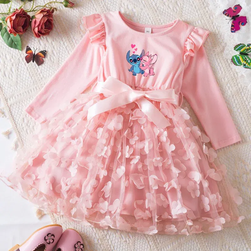 Color: Pink, Size: One Size, Height: 176 - Lilo Stitch Girl Baby Dresses Spring Autumn Child Long Sleeve Sweet Princess Dress Mesh Newborn Casual Dress Birthday Party 2-6Y