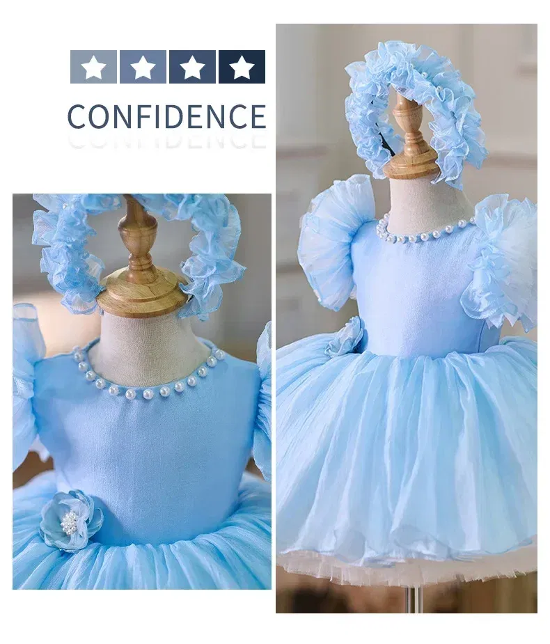 Kid Size: 12, Color: Brown - 2025 Summer Baby Girls 1st Birthday Party Dress Toddler Kids Bow Fluffy Tutu Gown Flower Girls Blue Dresses For Wedding Ceremony
