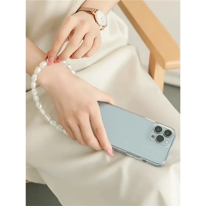 Color: Blue, Bundle: Case & Strap, Material: Vinyl - Pearl Bracelet Wrist Chain Phone Case For iPhone 13 12 11 14 15 Pro Max XR X XS Mini 7 8 Plus SE Transparent Hard Acrylic Cover