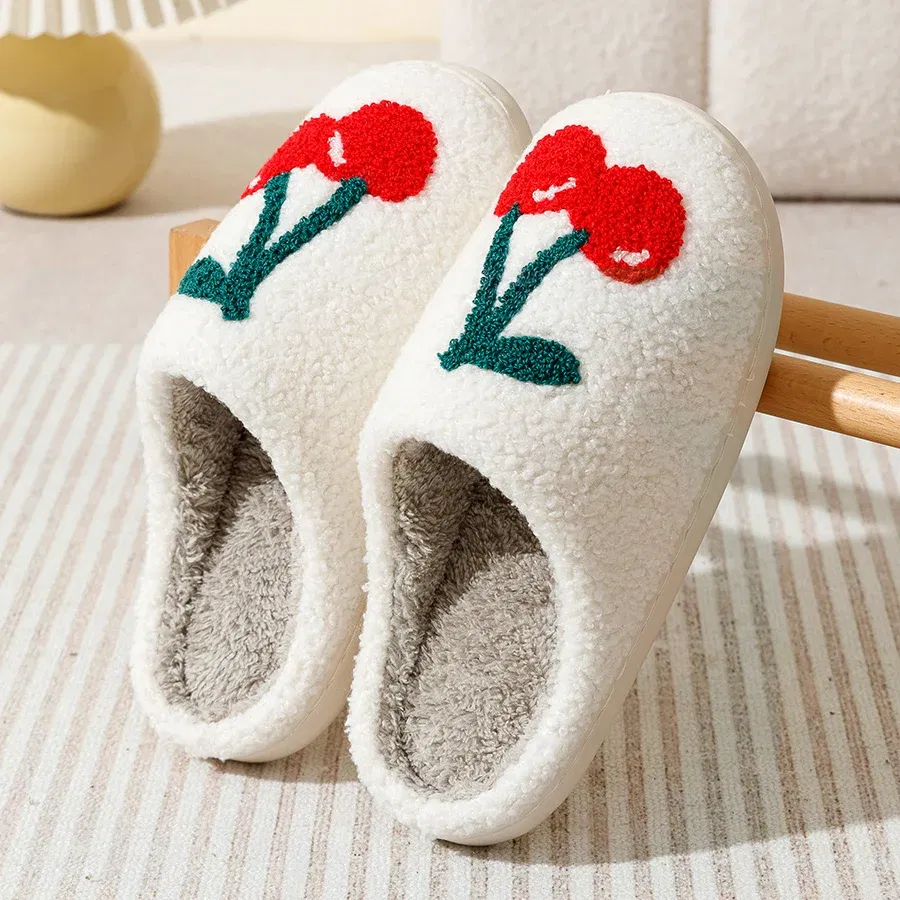 Color: Pink, Shoe Size: 4 - Cute Avocado Women Slippers Winter Warm Indoor Fruit Cartoon Funny Soft Non-slip Slipper Cherry Strawberry Comfy Cotton Shoes