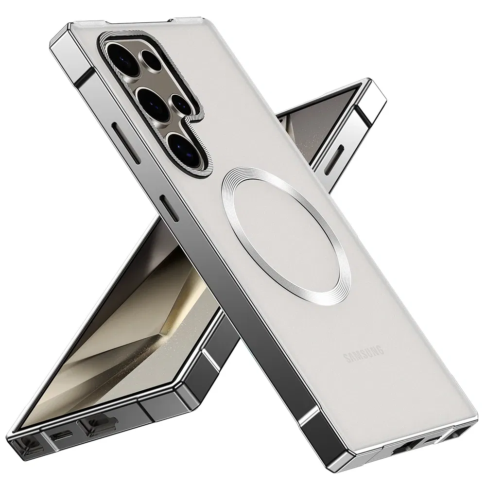 Color: Silver, Compatibility by Model: Galaxy S25 Ultra - Push Pull Matte PC Hard Shockproof Case For Samsung Galaxy S25 S24 Ultra Magnetic Wireless Charging Bumper Back Cover