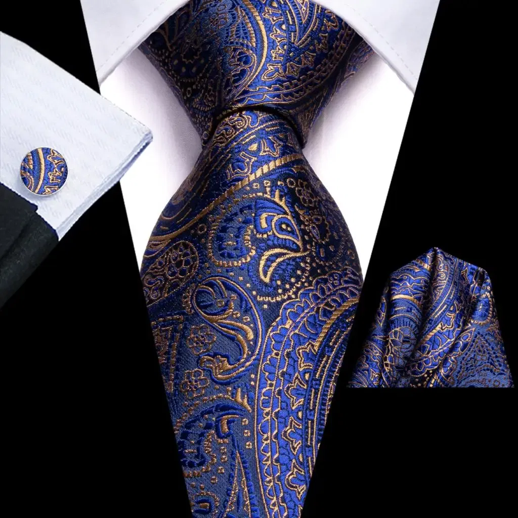 Color: LIGHT BLUE - Hi-Tie Purple Paisley Silk Elegent Tie for Men Novelty Design Handky cufflink Tie Set Party Business Wedding Dropshipping