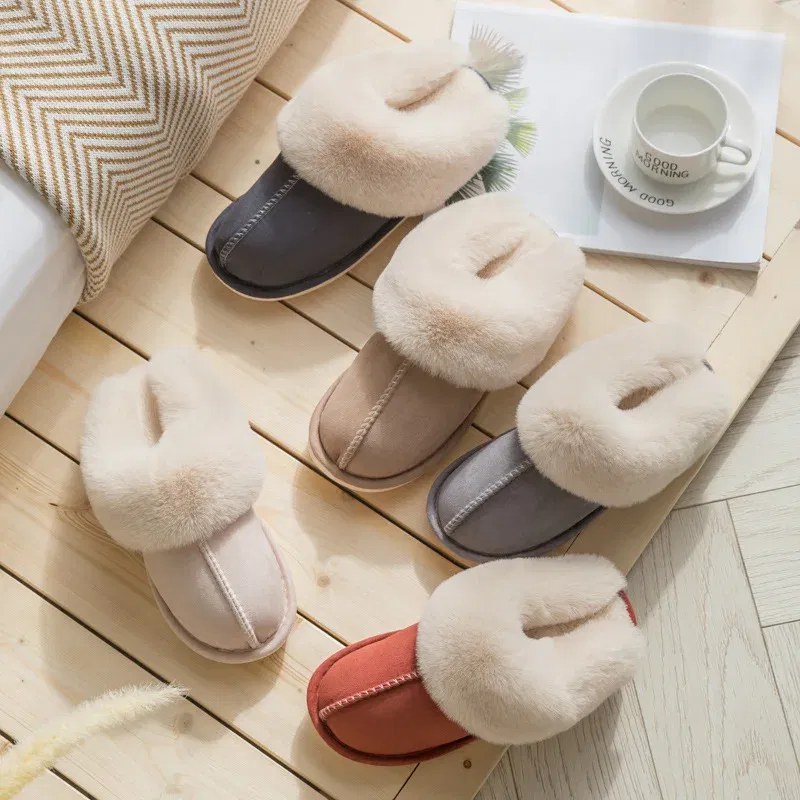 Color: Pink, Shoe Size: 42 - Women's Faux Fur Slippers 2024 New Warm Thicked Plush Bedroom Sandals Woman Comfort Soft Sole Home Couple Winter Shoes Slides