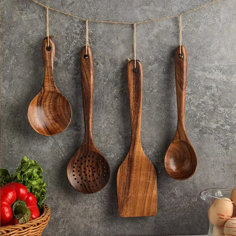 Color: Light Grey - Teak Wooden Spatulas Kitchen Utensils Cooking Utensil Eco-Friendly Wood Spatula for Non Stick Cookware