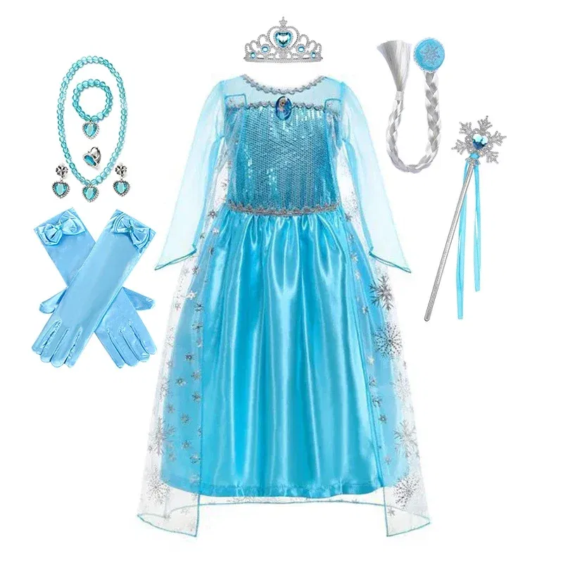 Color: green, Kid Size: 5 - Disney Girls Cospaly Snow Queen Elsa Costumes Kids Carnival Party Prom Gown Robe-Playing Children Clothes Frozen Princess Dress
