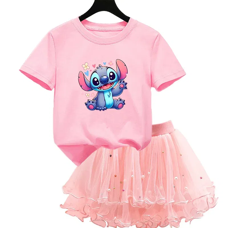 Color: PURPLE, Kid Size: 3T - 2pcs Lilo Stitch Summer Girls Outfits Cartoon T-shirt and Tutu Skirt Princess Clothes Suit Children Birthday Clothing Sets