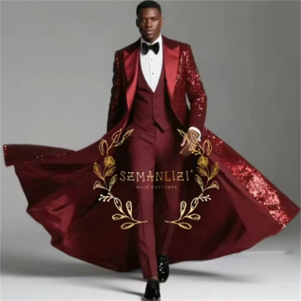 Color: Pink, Size: 4XL - Burgundy Shiny Sequin Suits Men 3 Pieces Sets Single Breasted Groom Long Blazer Costume Homme Wedding Tuxedo Male Clothing