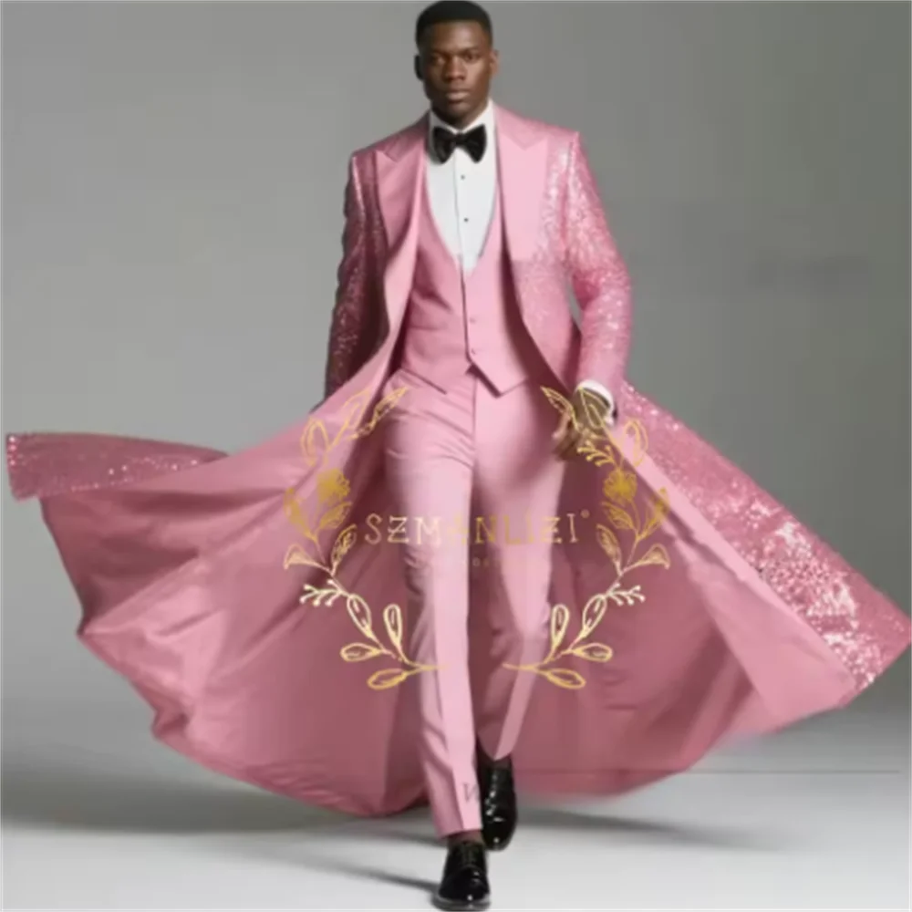 Color: Pink, Size: 4XL - Burgundy Shiny Sequin Suits Men 3 Pieces Sets Single Breasted Groom Long Blazer Costume Homme Wedding Tuxedo Male Clothing
