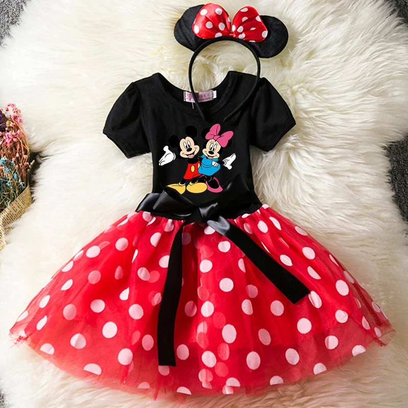 Color: Yellow, Size: S - Mickey Minnie Mouse Cartoon Kids Short Sleeve Polka Dot Princess Dress Party Baby Girls Clothes Cosplay Costumes 1-6Y