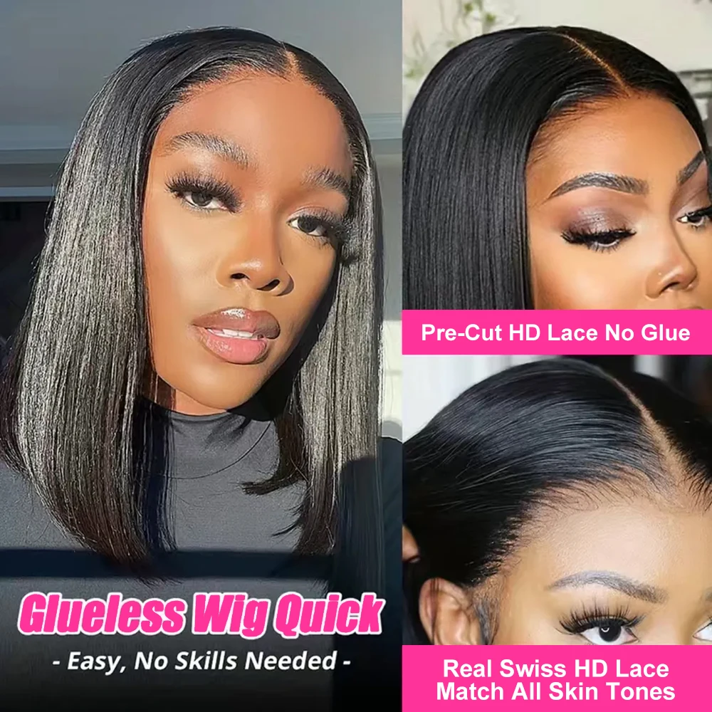 Hair Color: #1, Ships From: CHINA, Stretched Length: 14inches, Density: 150% - Wear And Go Glueless Bob Wig Human Hair 7x5 HD Lace Closure Human Hair Pre Plucked  No Glue Pre Cut Ready To Wear Frontal Wig