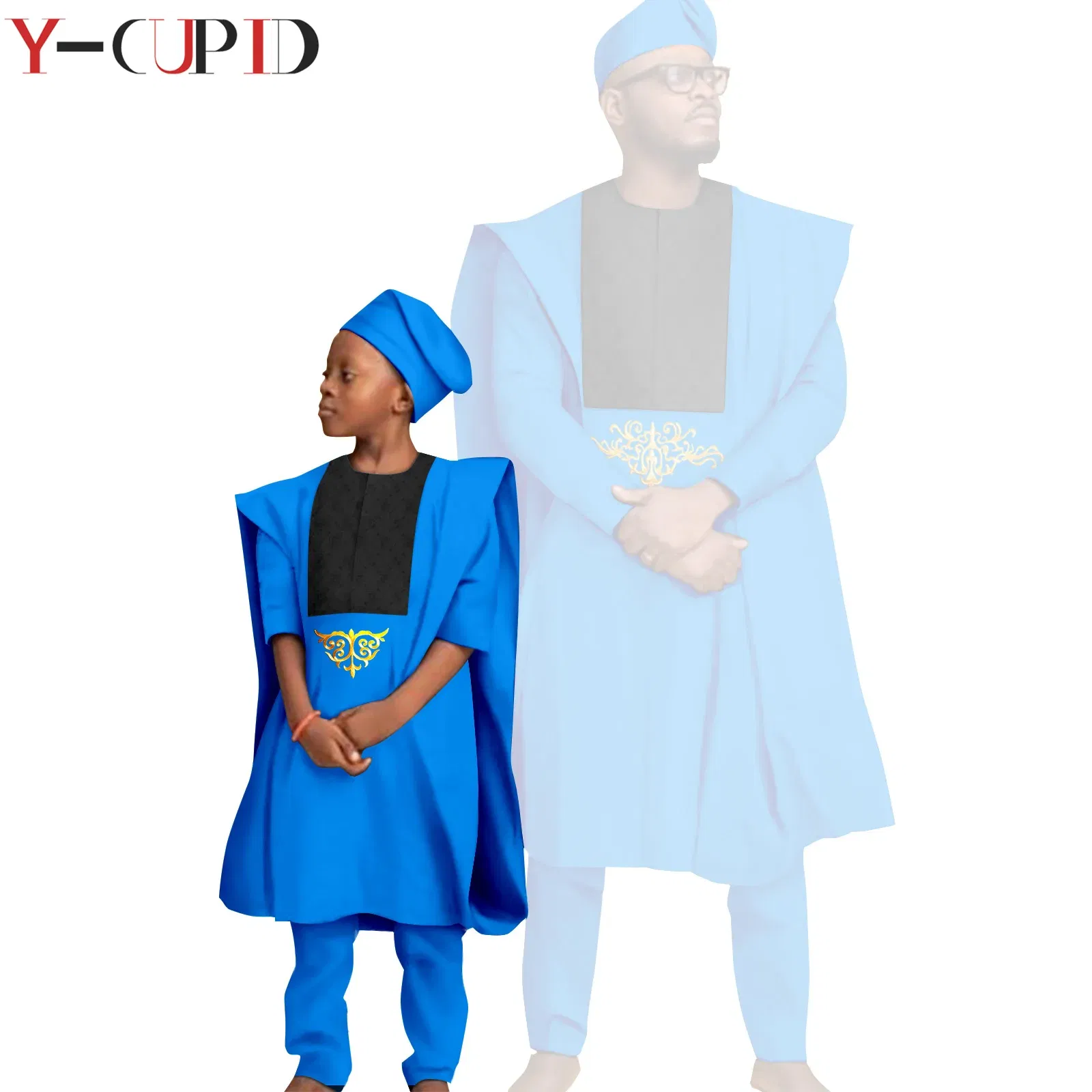 Color: Clear, Size: L - African Clothes for Men Top Pants Robes Hat Sets Match Kid Boy Sets Dashiki Father and Son Bazin Riche Family Outfits Y20F001