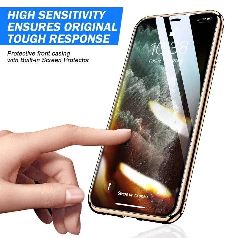 Color: Gold, Material: PC + TPU - Magnetic Metal Case For iPhone 15 14 13 12 11 Pro 14Pro Max XS X XR 7 8 14Plus 12 Mini SE 2020 Double Sided Tempered Glass Cover
