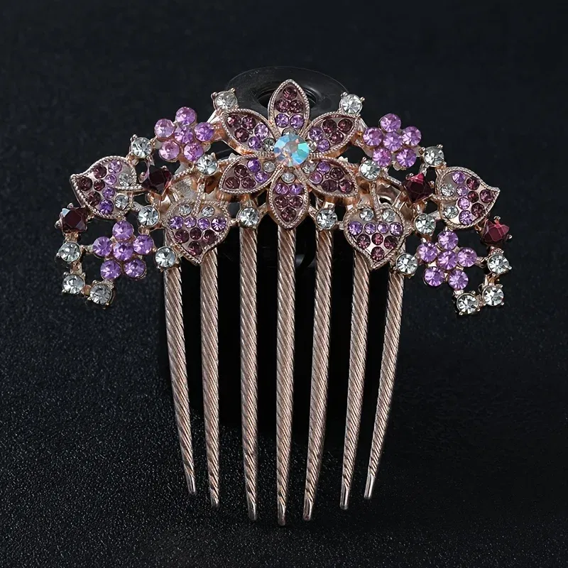 Color: Lavender - 1PC Elegant Rhinestone Hair Comb Flower Shaped Headwear Women Hair Jewelry Accessories