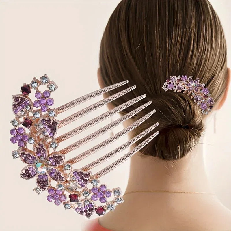 Color: Lavender - 1PC Elegant Rhinestone Hair Comb Flower Shaped Headwear Women Hair Jewelry Accessories