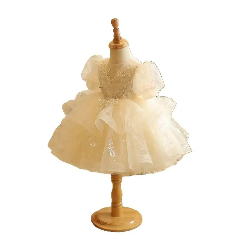 Kid Size: 5, Color: Khaki - Baby Girls Birthday Dress Elegant Princess Gown High-End Sequin Tulle Tutu Dresses Cake Special Occasions Toddler Party Clothes