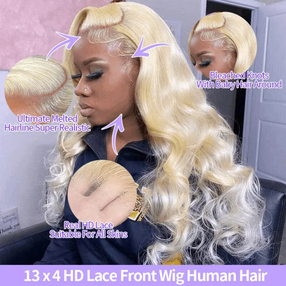 Hair Color: #18, Stretched Length: 32inches, Density: 100%, Ships From: CHINA - Blonde 613 HD Lace Frontal Wig 13x6 Body Wave HD Lace Frontal Wig 613 Colored Human Hair Wigs 30 Inch Long Loose Deep Wig Blonde