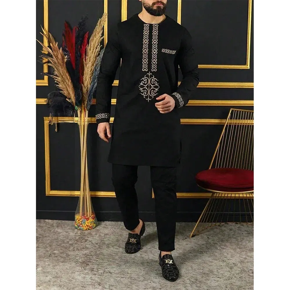 Color: Fuchsia, Size: XXL - New Dashiki Men's Set Grey Round Neck Long Sleeve Luxury Brand Men's Suit Casual Slim Fit Men's Set Wedding Evening Suit