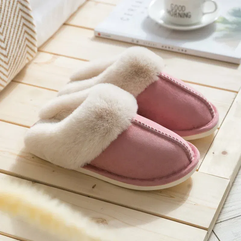 Color: Pink, Shoe Size: 36 - Women's Faux Fur Slippers 2024 New Warm Thicked Plush Bedroom Sandals Woman Comfort Soft Sole Home Couple Winter Shoes Slides
