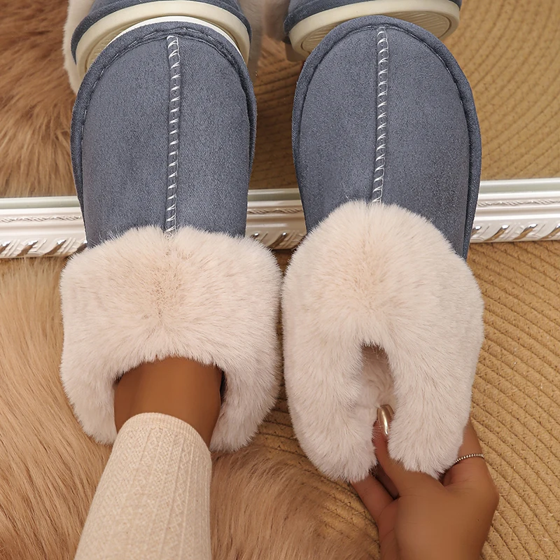 Color: Dark Grey, Shoe Size: 44 - Closed Toe Warm Cotton Slippers Women Faux Fur Thicken Plush Winter Home Shoes Woman Lightweight Casual Indoor Slides Female