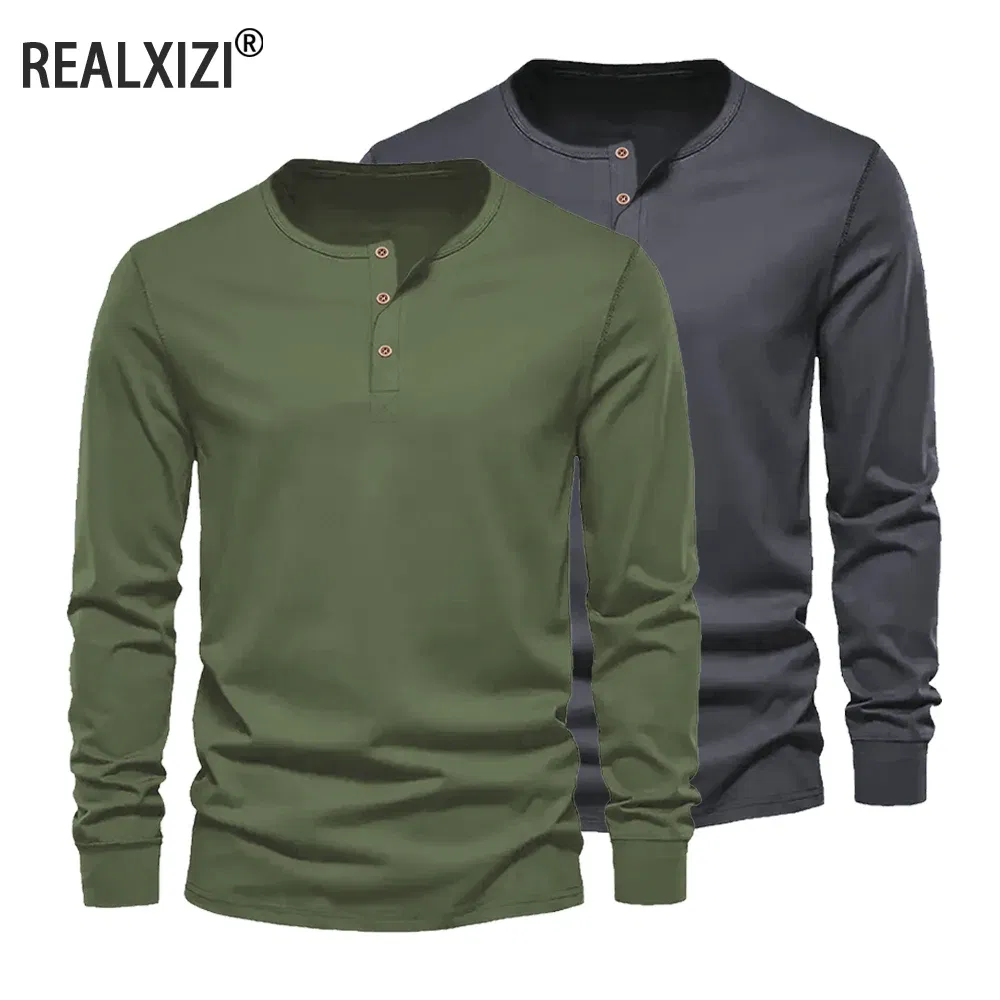 Color: Khaki, Size: M - Men's Long Sleeved Henley Neck T-shirt Slim Fit Bottoming Shirt Fitness Tops Tees Button Neck Casual Cozy Tshirt