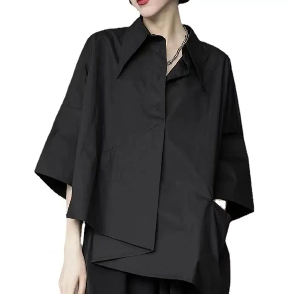 Color: black, Size: XXL - Men Shirts Irregular Hem Black White Shirts Single Breasted Shorts Sleeves Handsome Blouse Men Women Tops Summer Spring Shirts