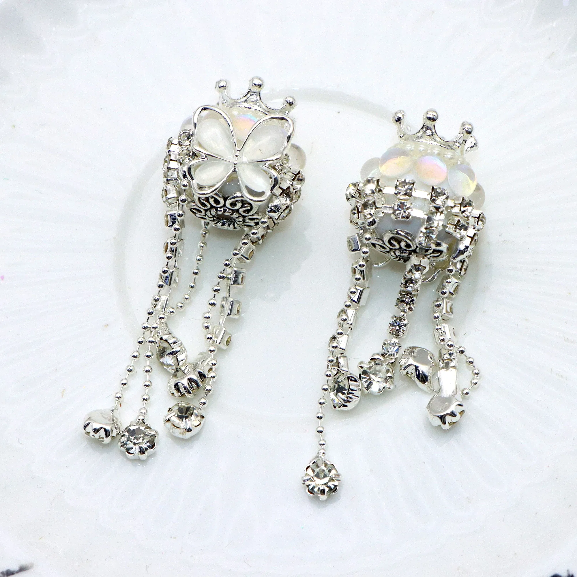 Color: antique silver - 1Pc Luxury Butterfly Rhinestone Faux Crystal Beads Opal Effect with Tassel Loose Spacer Beads with Hole Jewelry Making DIY Brace