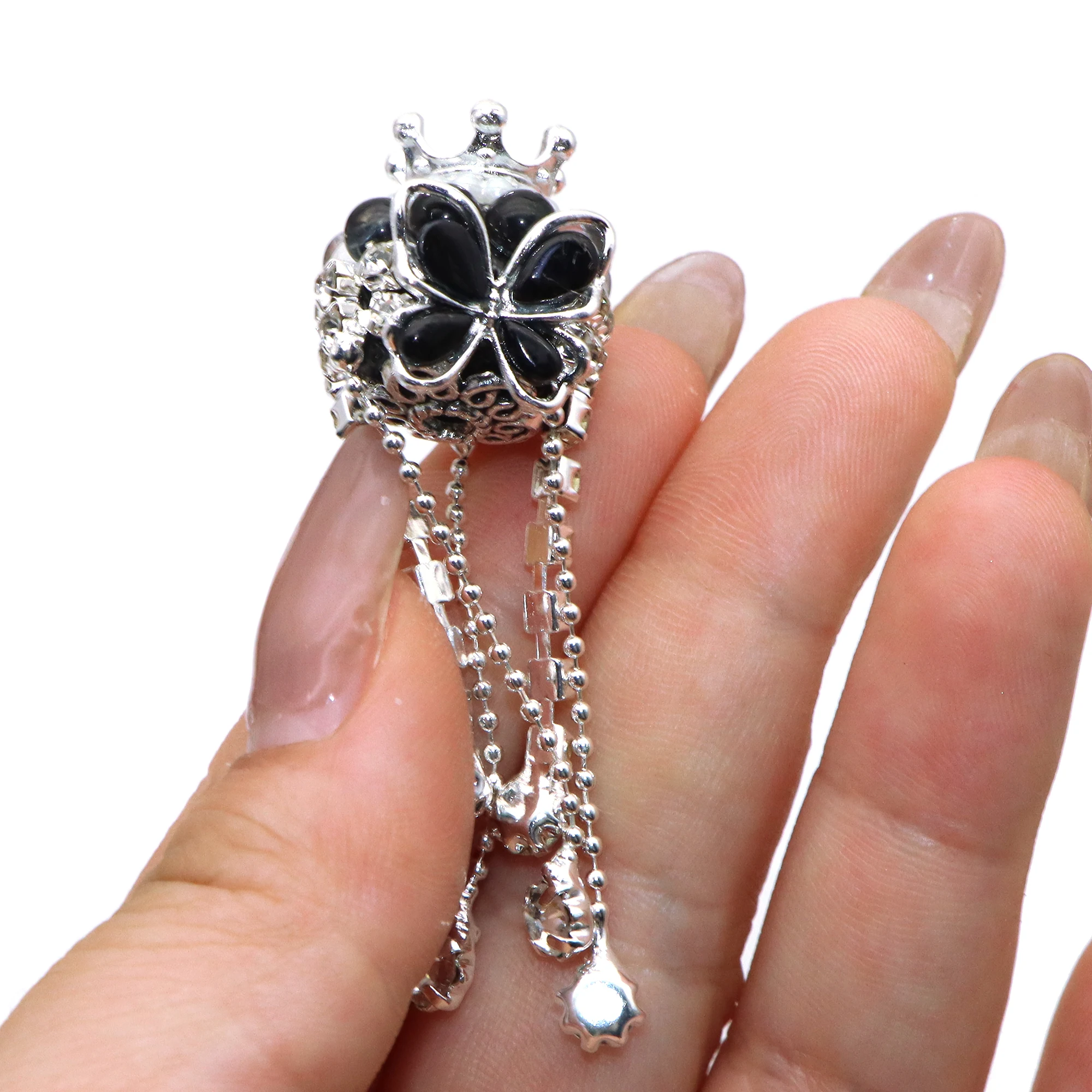 Color: antique silver - 1Pc Luxury Butterfly Rhinestone Faux Crystal Beads Opal Effect with Tassel Loose Spacer Beads with Hole Jewelry Making DIY Brace