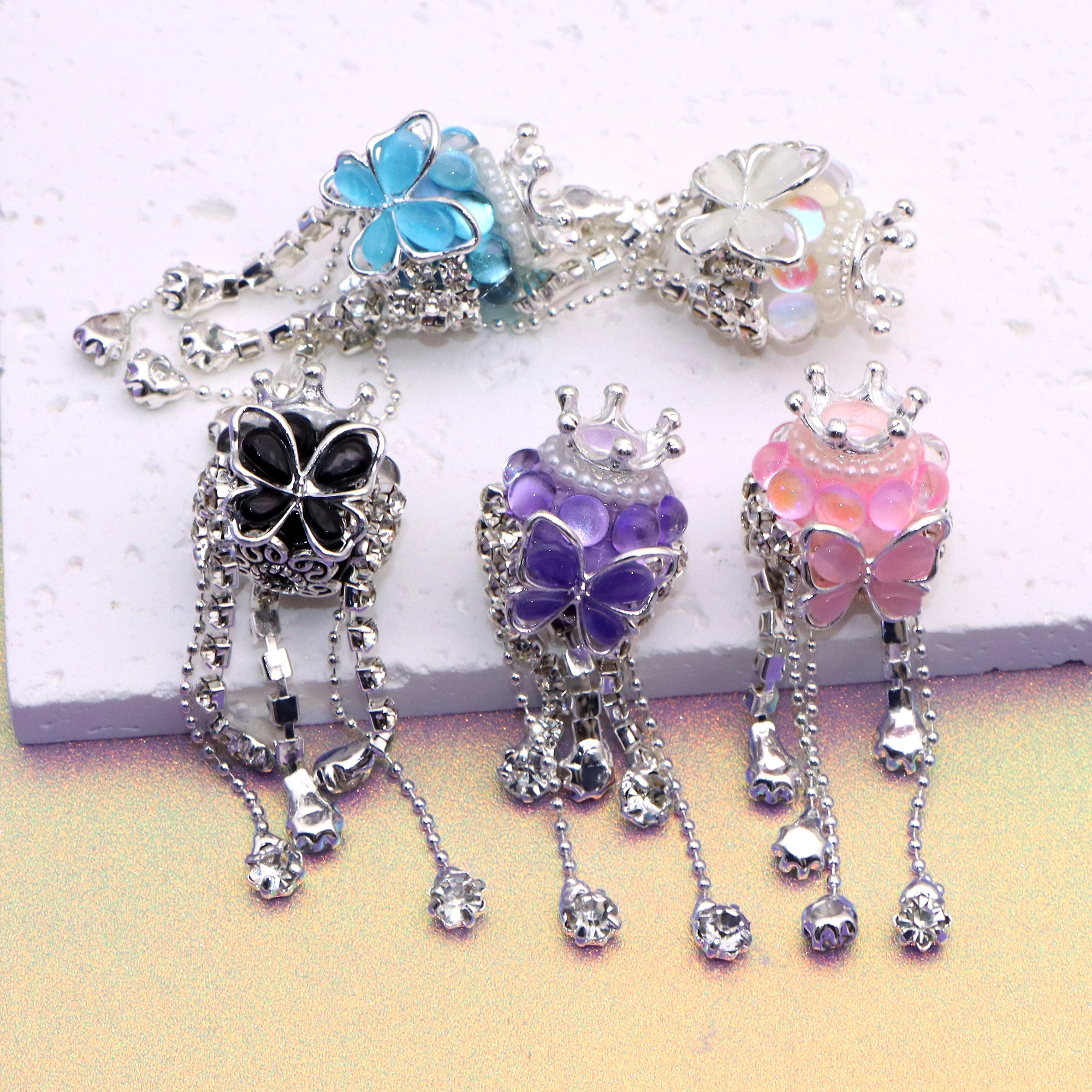 Color: antique silver - 1Pc Luxury Butterfly Rhinestone Faux Crystal Beads Opal Effect with Tassel Loose Spacer Beads with Hole Jewelry Making DIY Brace