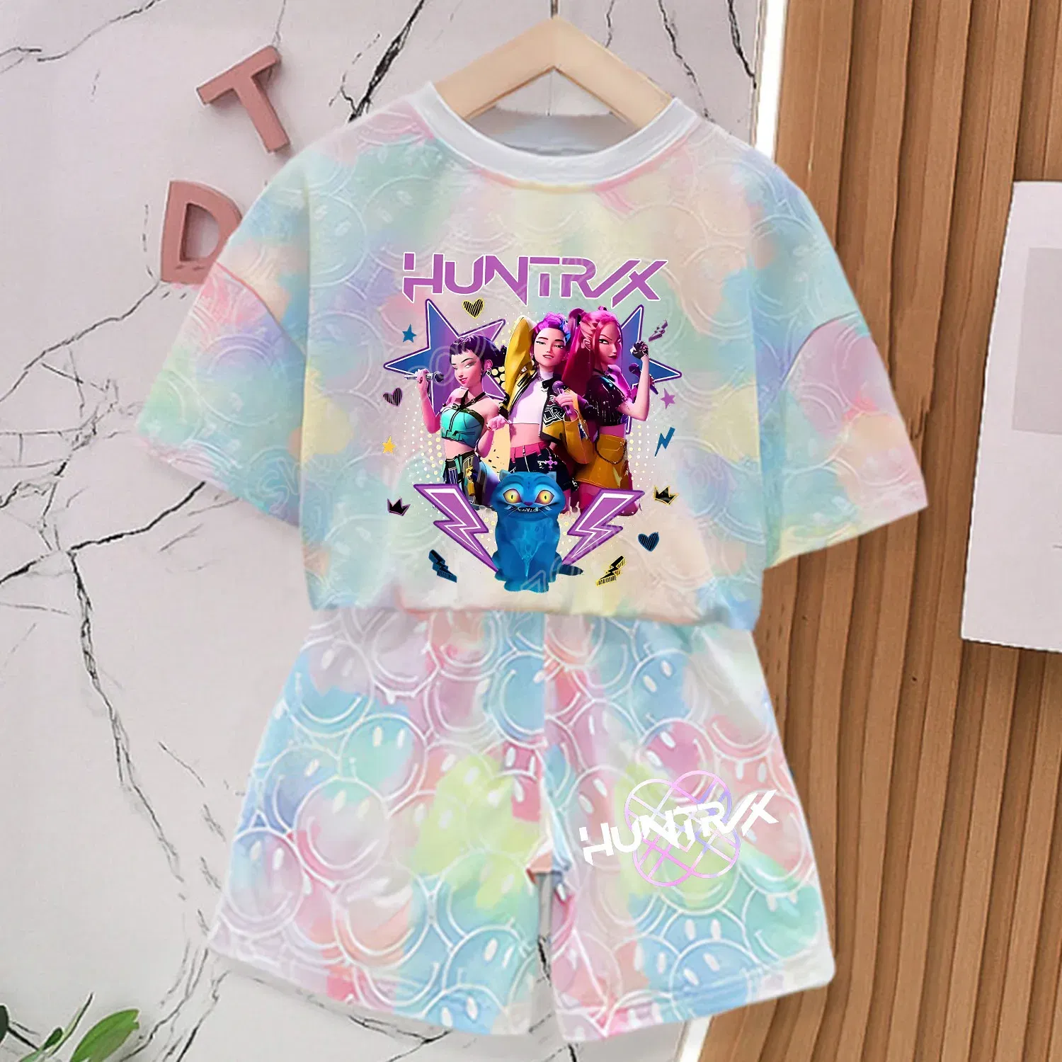 Color: Pink, Size: M - KPop Demon Hunters New T-shirt Pants Set Girls Summer Clothing Kawaii Smile Face Short Sleeve Outfits Kids Tee Top Pajamas Gift