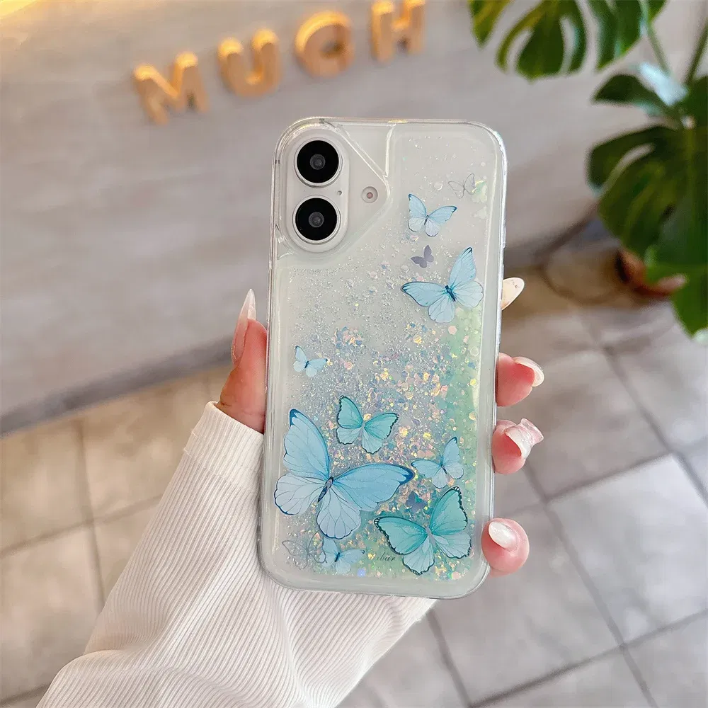 Color: Blue, Material: Neoprene - Luminous Quicksand Glitter Butterfly Case for iPhone 16 15 14 Pro Max Plus 13 12 Mini 11 X Xs XR Soft Silicone Bling Shiny Cover