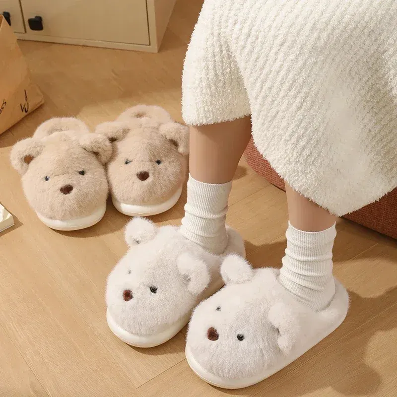 Women Warm Winter Cute Bear Slippers Men Casual Home Indoor Plush Slipper Couple Cozy Anti-slip Outdoor Cartoon Shoes