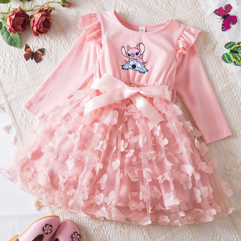 Color: MULTI, Size: One Size, Height: 158 - Lilo Stitch Girl Baby Dresses Spring Autumn Child Long Sleeve Sweet Princess Dress Mesh Newborn Casual Dress Birthday Party 2-6Y