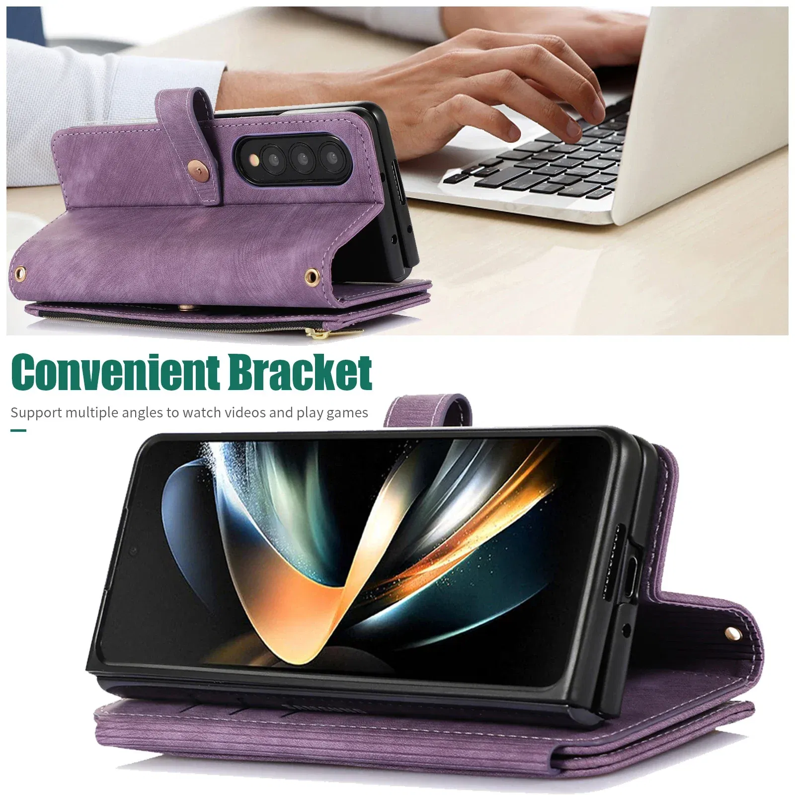 Color: Beige, Material: aluminum - Crossbody Wallet Phone Case for Samsung Galaxy Z Fold 6 5 4 3 Fold5 Fold4 Fold6 5G Card Holder Stand Lanyard Flip Leather Cover