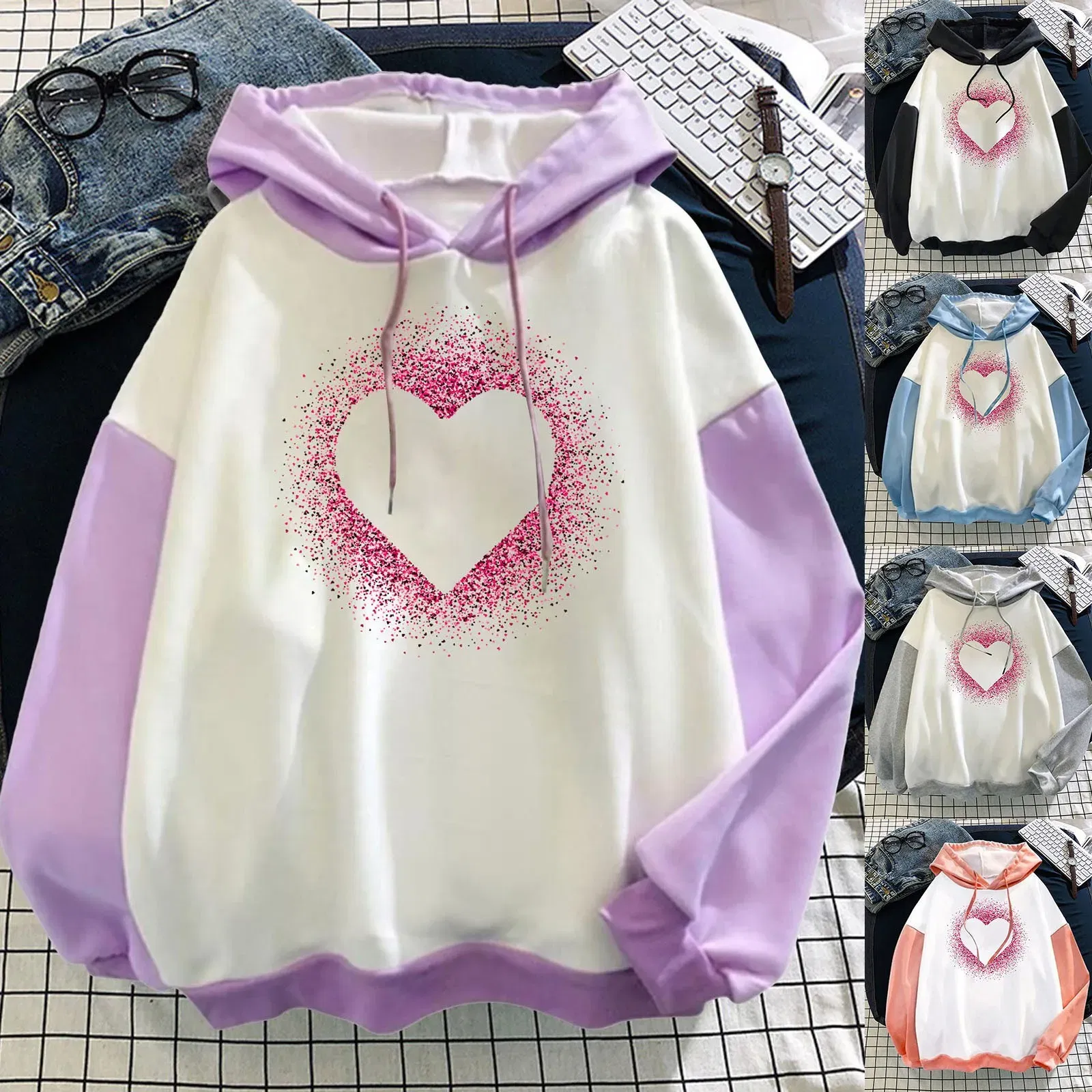 Color: Light  Blue, Size: XXL, Ships From: United States - Women Casual Long Sleeve Sweatshirt Love Print Drawstring Pullover Hoodie Color Block Tops Pullover Casual Top